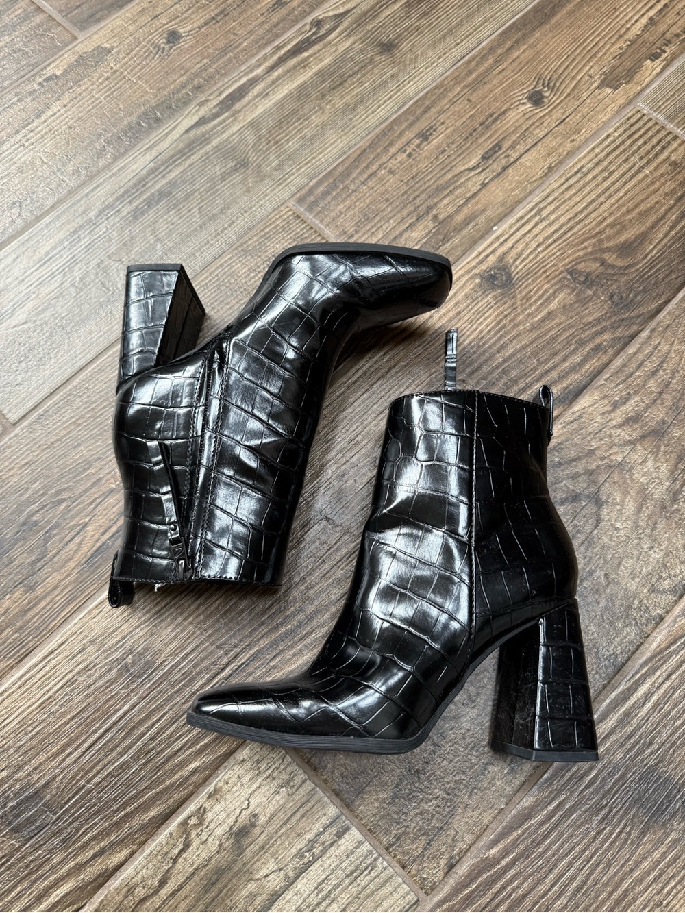 Women’s Black Croc-Embossed Square-Toe Ankle Boots